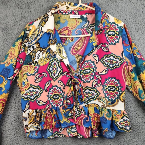 Womens Bell Sleeve Open Tie Front Kimono Medium Paisley Boho Whimsy Fairy Ruffle - Picture 8 of 11